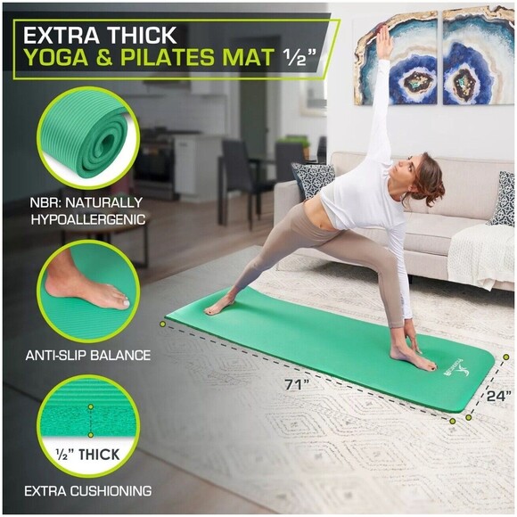 ProsourceFit Extra Thick Yoga and Pilates Mat 1/2”H x 71”L x 24”W Green Soft NEW - Picture 5 of 6